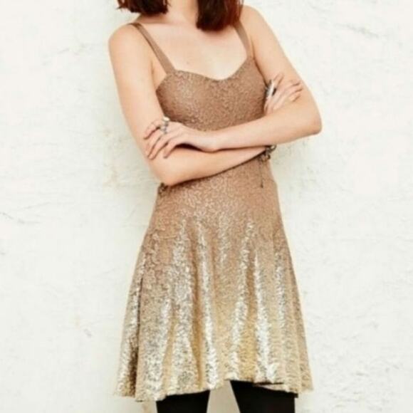 Free People Reflected Moonlight Gold Foil Fit Flare XS Dress - Picture 1 of 6
